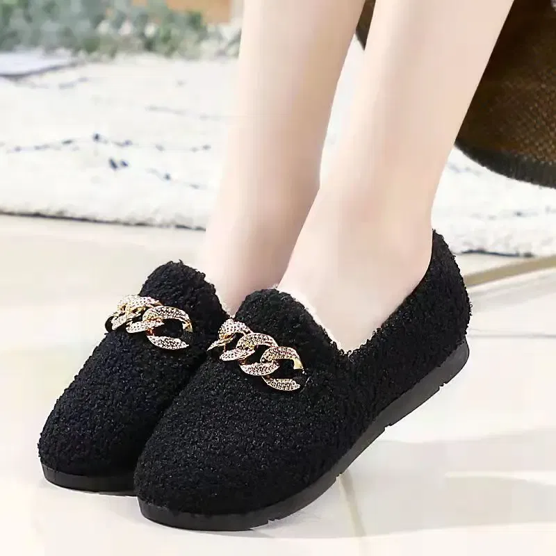 Color: black, Shoe Size: 37 - Womens Slippers Warm Short Plush Lining House Shoes Moccassins Slip on Fashion Lady Flats Loafers Non Slip 2023