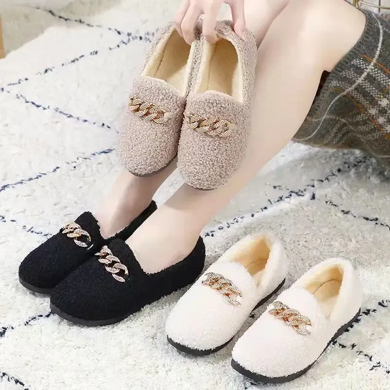 Color: black, Shoe Size: 37 - Womens Slippers Warm Short Plush Lining House Shoes Moccassins Slip on Fashion Lady Flats Loafers Non Slip 2023