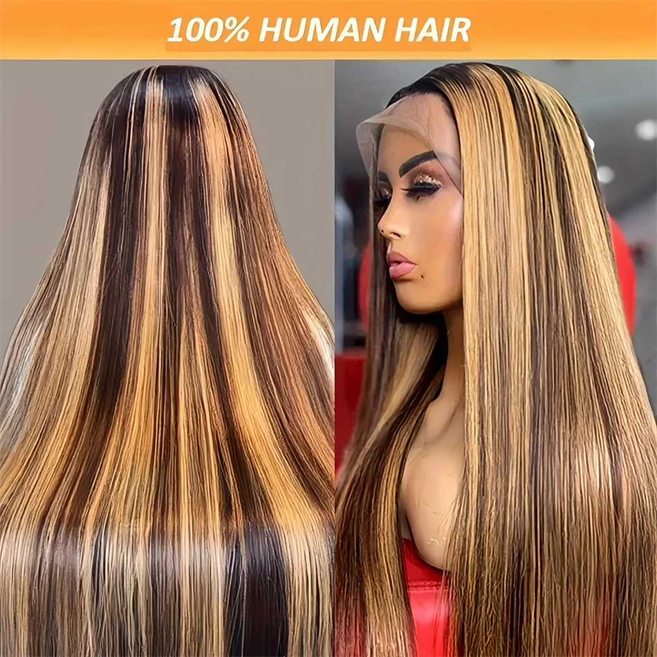 Highlight Straight 13x6 Hd Transparent Lace Frontal Wigs Human Hair 13x4 Hd Lace Front P4/27 Colored Preplucked Wig for Women
