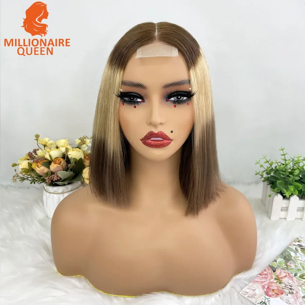 Color: GRAY, Stretched Length: 8inches, Density: 250%, Lace Size: 2x6 - Highlight P4/30 Brown Vietname Bone Straight Bob Wig Super Double Drawn Human Hair 2x6 Glueless Lace Closure Wig For Black Women