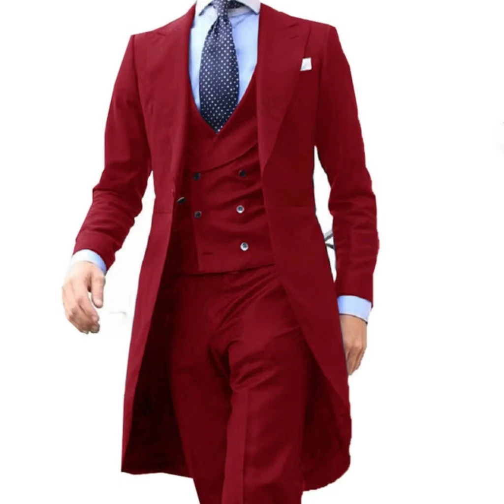 Color: Red, Size: S - Elegant man suit Slim Fit Suit Luxury Formal Tuxedos Wedding 3 Pieces Blazer Vest Pants Set Long Tail Coat One Button Custom