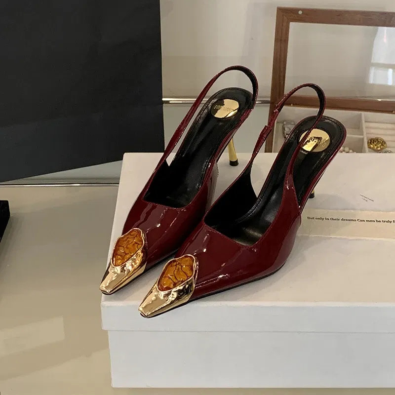 Color: wine red, Shoe Size: 34 - Sexy Women's High Heels Mules 2025 New Fashion Pointed Dress Women's Shoes Open Heel Party High Heels Striptease Sandals Women