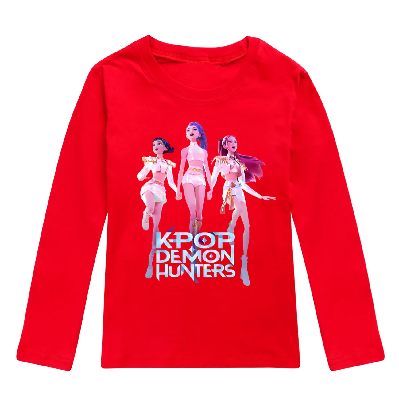 Color: GRAY, Kid Size: 5 - KPop Demon Hunters Huntrix Tshirt Kids Clothes Teenage Boys O-Neck Cartoon Casual T-shirts Girls Long Sleeve Tops Child Clothing