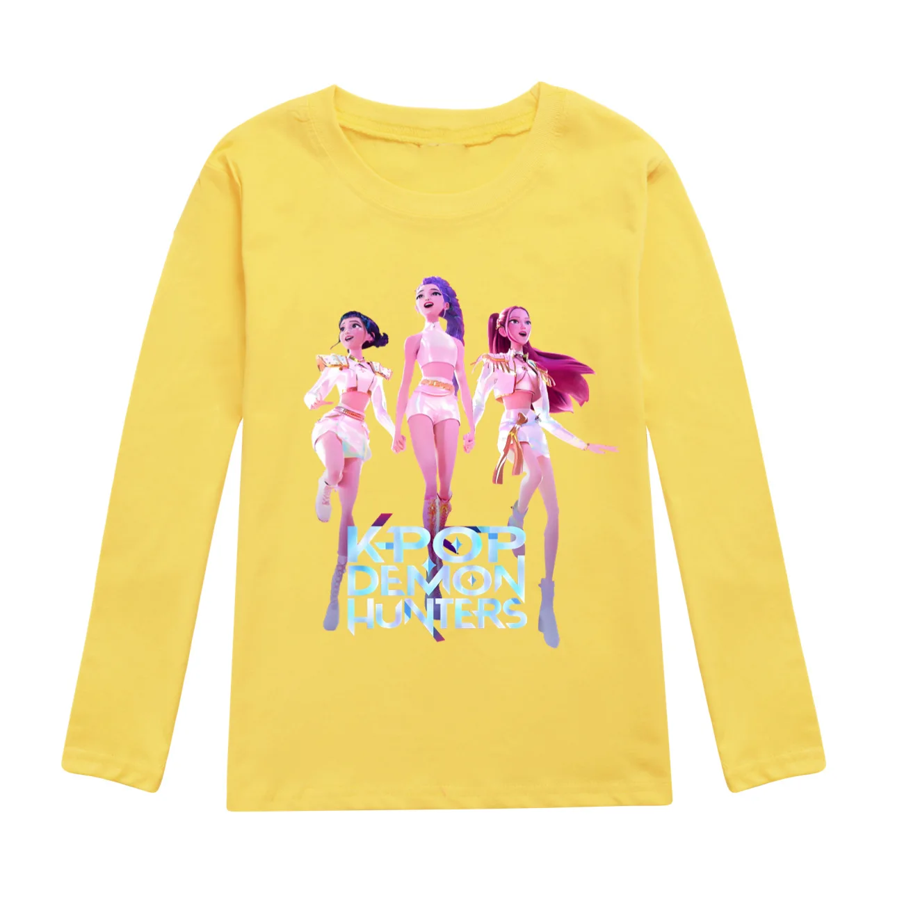 Color: GRAY, Kid Size: 5 - KPop Demon Hunters Huntrix Tshirt Kids Clothes Teenage Boys O-Neck Cartoon Casual T-shirts Girls Long Sleeve Tops Child Clothing
