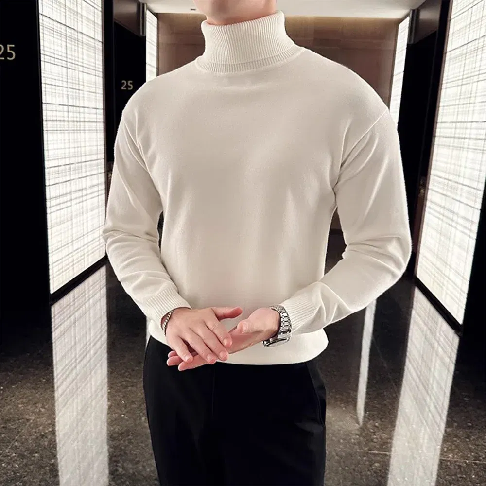 Color: Brown, Size: XL - Korean Fashion Autumn Winter Sweaters Men Pullovers Fleece Turtleneck Knitted Sweatshirt Warm Bottoming Shirts