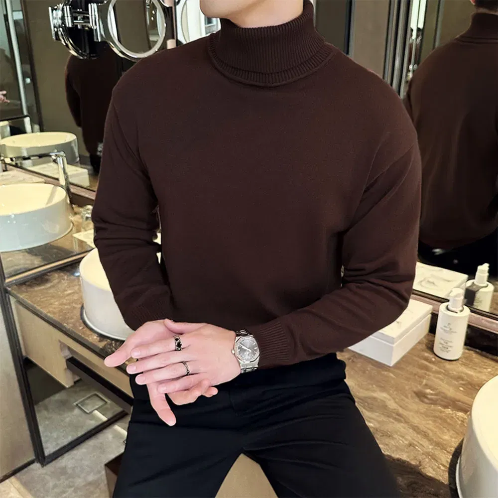 Color: Brown, Size: XL - Korean Fashion Autumn Winter Sweaters Men Pullovers Fleece Turtleneck Knitted Sweatshirt Warm Bottoming Shirts