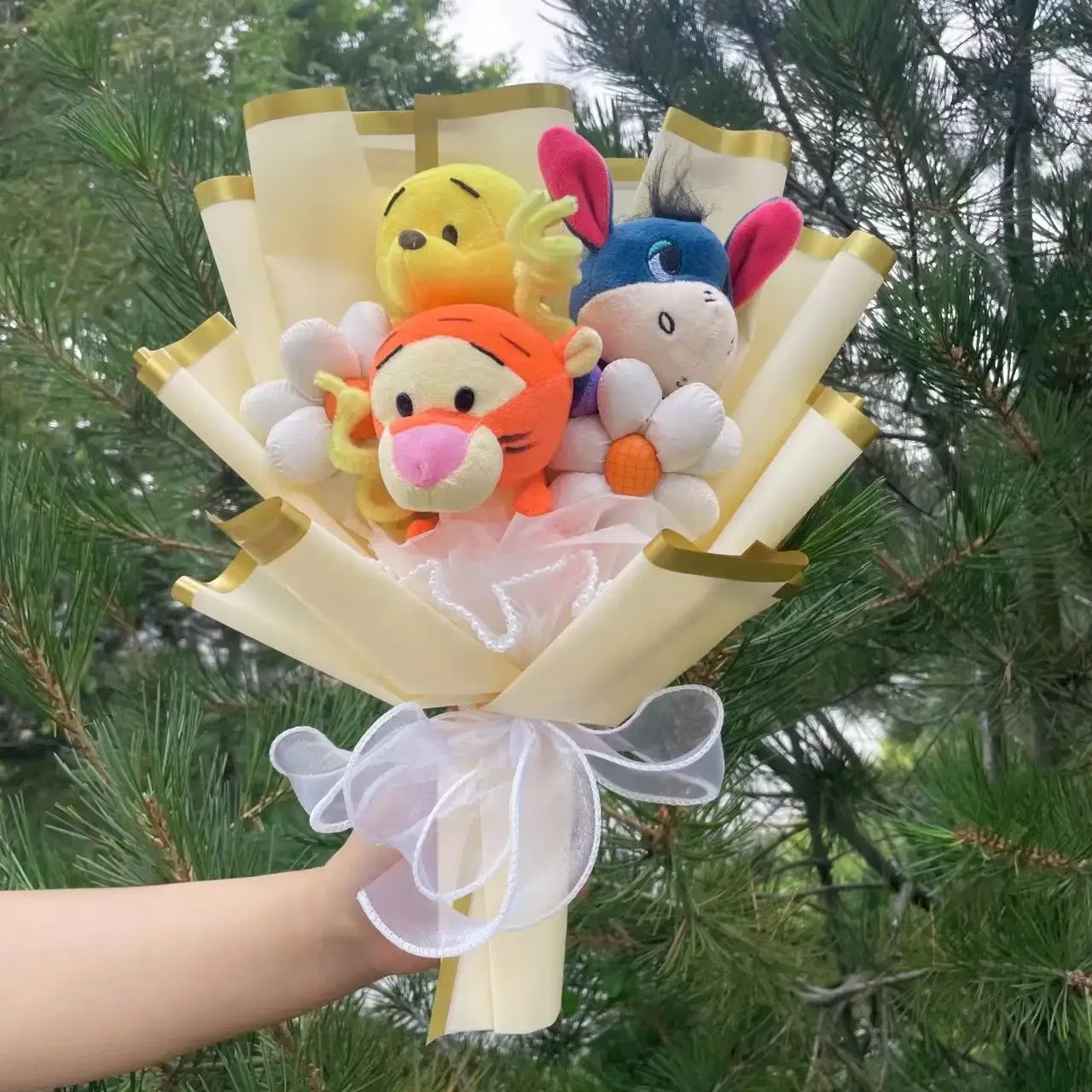 Color: DEEP BLUE - Cartoon Winnie the Pooh Plush Doll Toy Handmade Flower Bouquet Wedding Valentine's Day Christmas Graduation Gifts