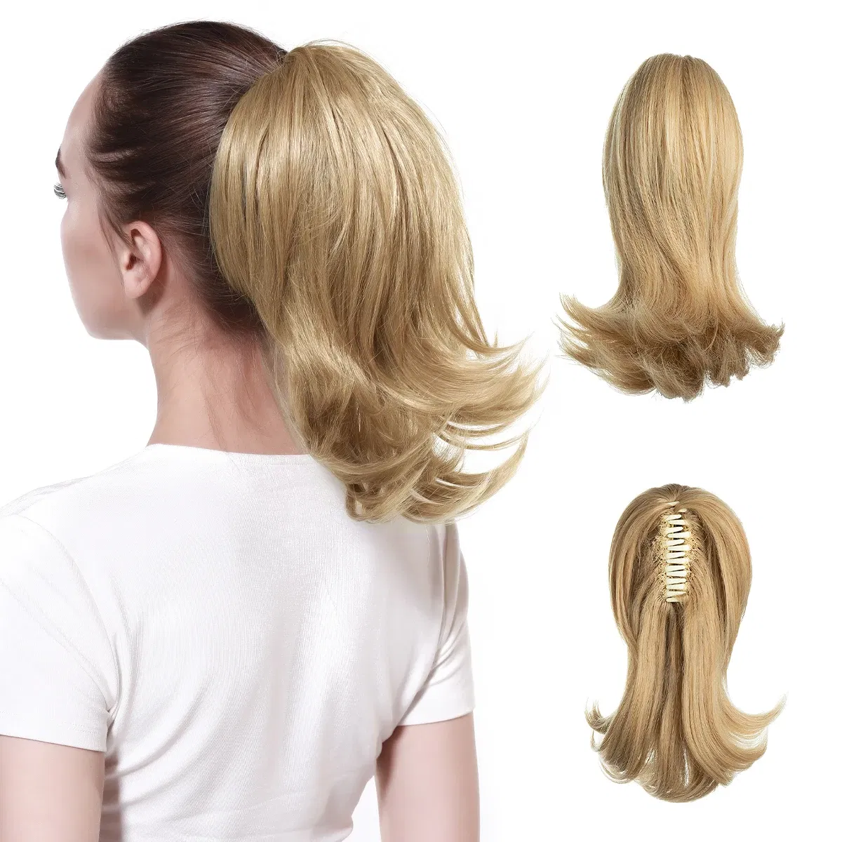Color: 27/613#, Stretched Length: 12inches - Synthetic Claw Clip In Ponytail Hair Extensions Hairpiece Horse Tail Fake Hair Wavy Blonde False Pigtail With Elastic Band