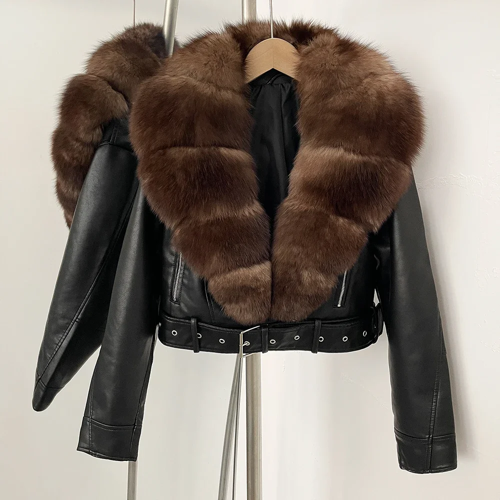 Color: SKY BLUE, Size: M - Fake Leather Coat New Natural Fox Fur Autumn Short Faux Leather Jacket Female Spring PU Women Long Sleeve Real Fur Coat Thin