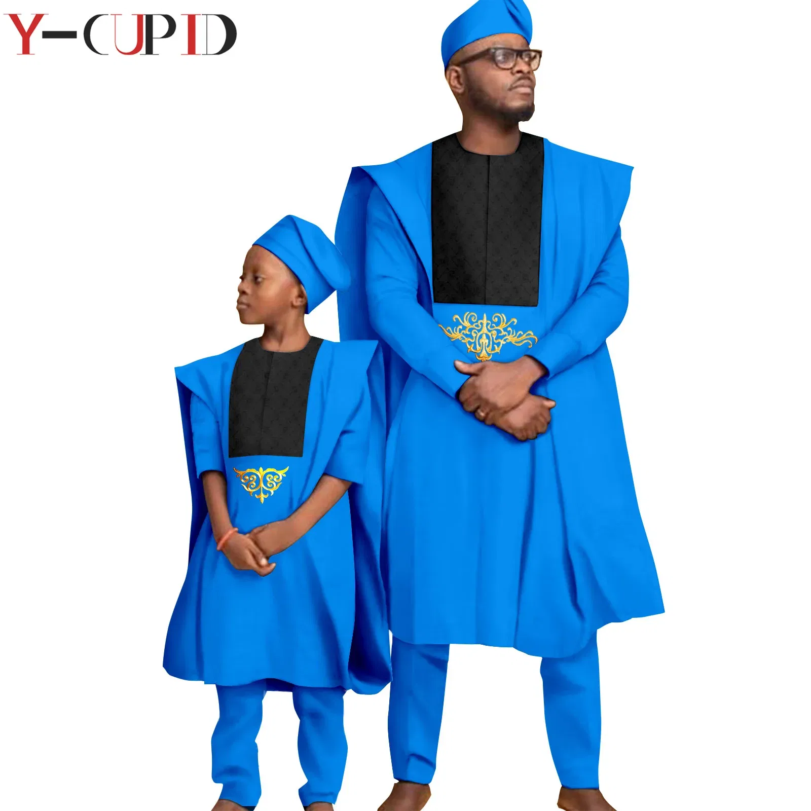 Color: green, Size: XL - African Clothes for Men Top Pants Robes Hat Sets Match Kid Boy Sets Dashiki Father and Son Bazin Riche Family Outfits Y20F001