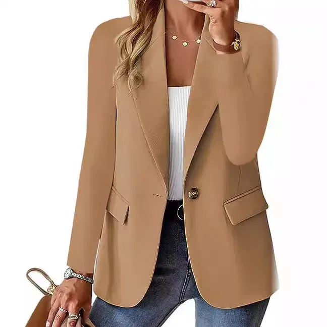 Color: Khaki, Size: M - Womens Spring Winter Down Full Long Sleeve Coat Autumn Blazer Button Outwear Suit Cardigan Female