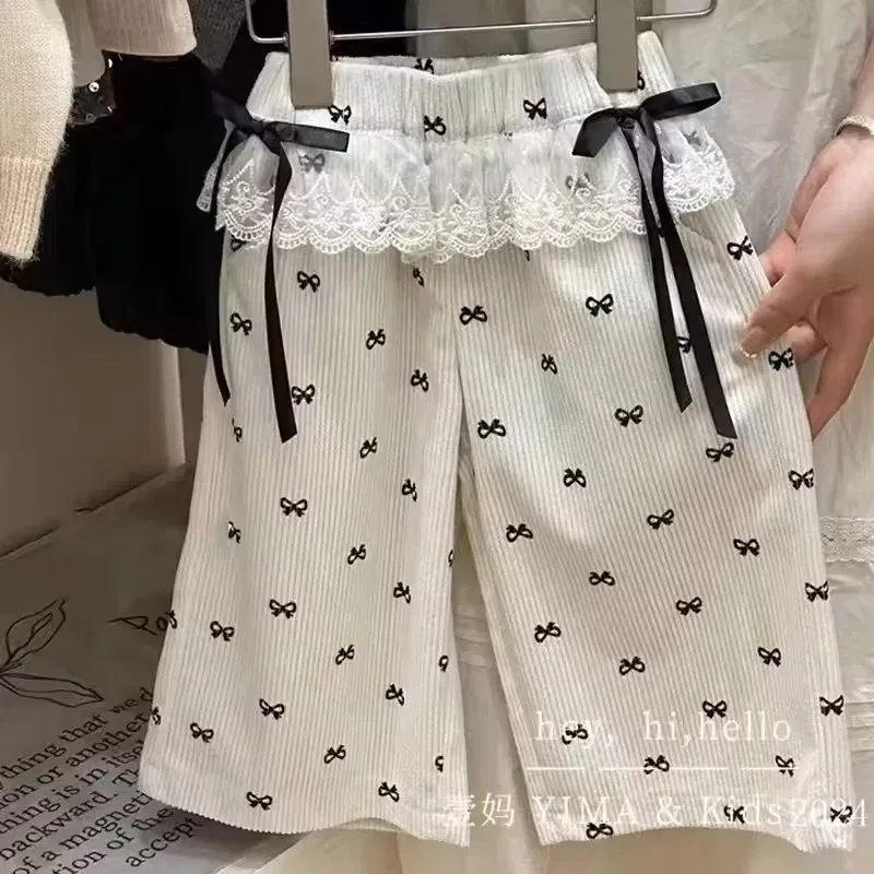 Color: Beige, Kid Size: 8T - New Girls Bow Print Pants Spring Kids Wide-leg Trousers Fashion Elastic Loose Pants Autumn Children Bowknot Trousers 2-8 Years