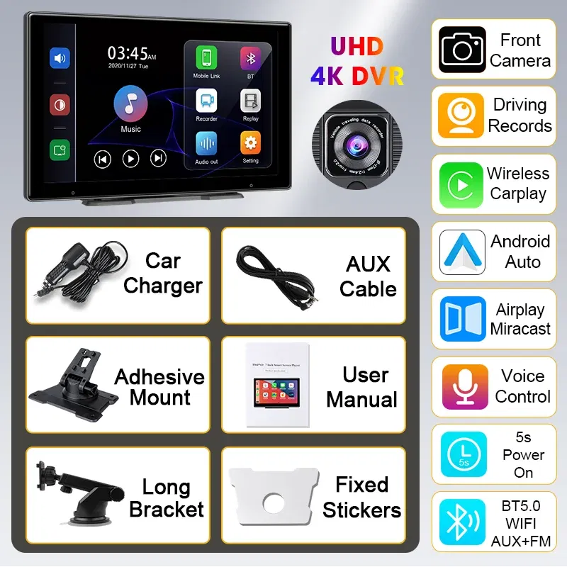 Color Name: WHITE, Sd Card Memory: 64G - 10.1" 4K Dash Cam Wireless Carplay Android Auto GPS Navigation Car DVR Rearview Camera Dashboard Video Recorder Monitor Park AUX