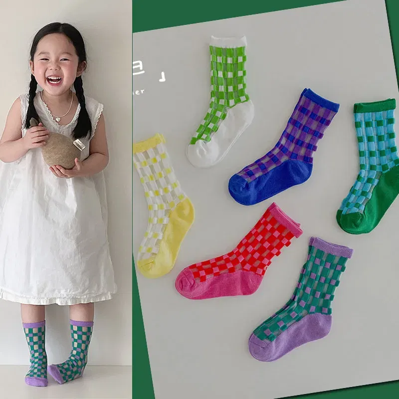 Color: Sky blue, Size: 4-6T - Boys Summer Socks Girls Thin Socks Trendy Pattern Crew Socks Children Socks 3 Pairs