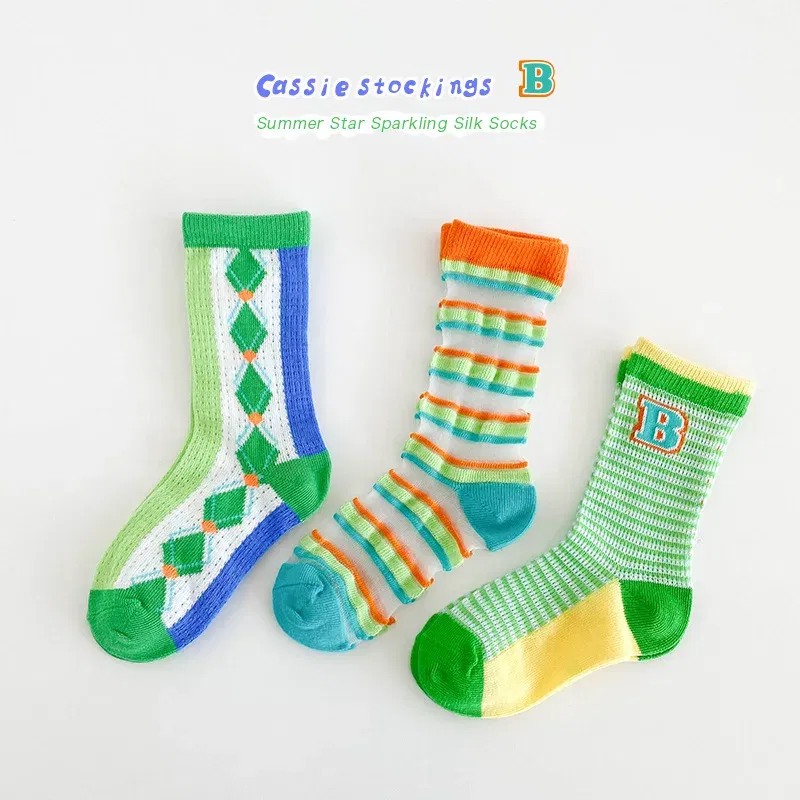 Color: Sky blue, Size: 4-6T - Boys Summer Socks Girls Thin Socks Trendy Pattern Crew Socks Children Socks 3 Pairs
