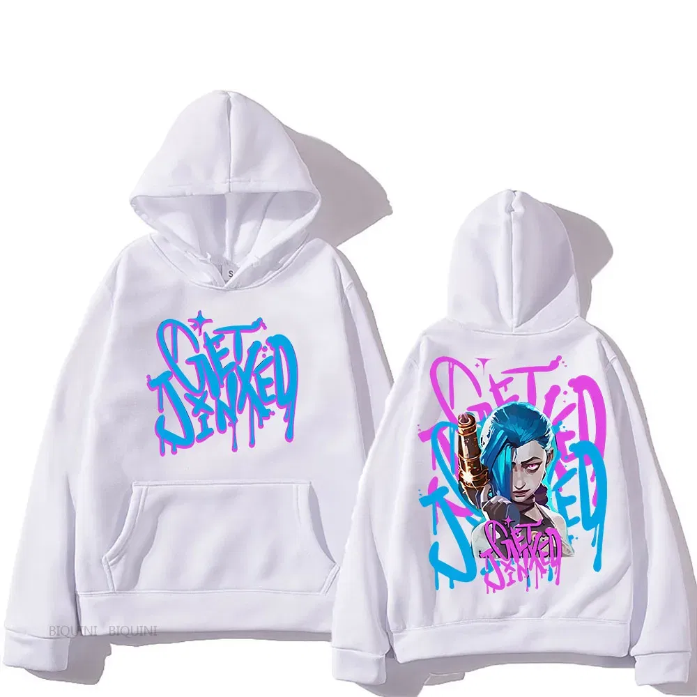 Color: SKY BLUE, Size: M - Arcane Jinx Cute Hooded Anime Print Harajuku Kawaii Sweatshirt Long-sleeved Cartoon Fleece Clothes Moletom Fashion Pullovers