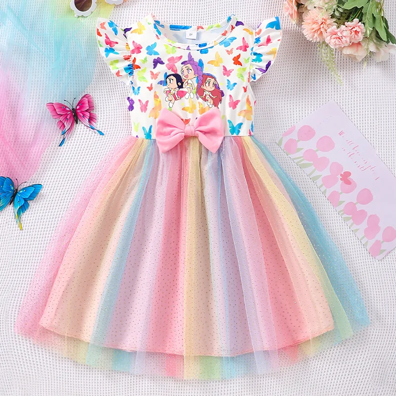 Color: Clear, Size: One Size, Ships From: CHINA, Height: 164 - KPop Demon Hunter Christmas Princess Dress Girl Fashion Casual Autumn Butterfly Dress Wedding Birthday Party Dress Gift Clothes