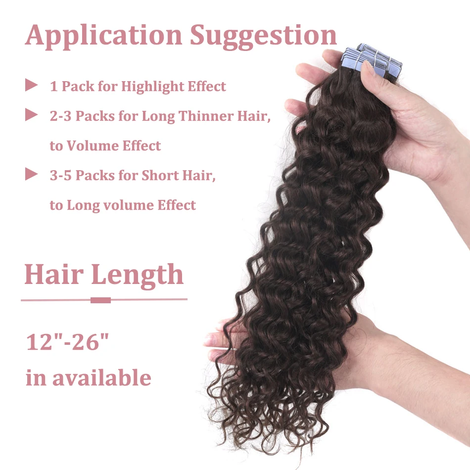 Color: #4, Length: 22 inches, Items per Package: 20 pcs - Water Wave Tape in Human Hair Extensions 2g/pcs Dark Brown Real Human Hair Adhesive Invisible Keratin Hair Extensions for Women