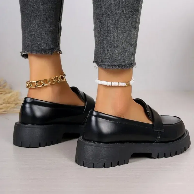 Color: black, Shoe Size: 35 - British Style Platform Loafers Women 2025 Plus Size Round Toe Single Shoes Woman Thick Bottom Pu Leather Shoes Mujer