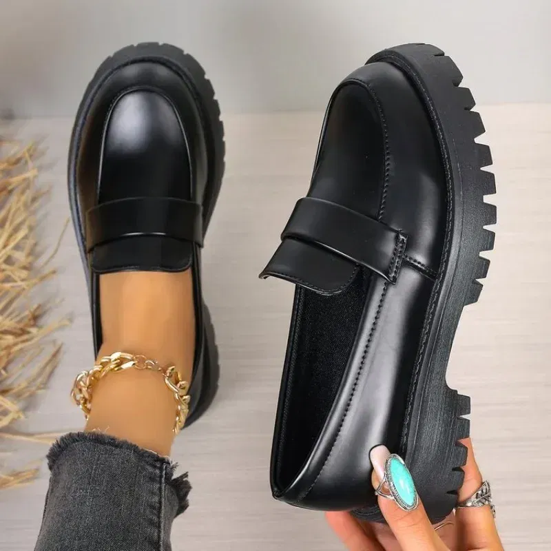 Color: black, Shoe Size: 35 - British Style Platform Loafers Women 2025 Plus Size Round Toe Single Shoes Woman Thick Bottom Pu Leather Shoes Mujer