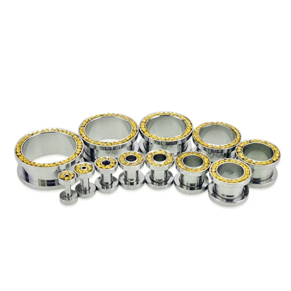 Metal color: Antique Bronze Plated, Main Stone Color: Gold - 2pc Steel Multicolour Crystal Ear Plug Flesh Tunnel 8g ( 3mm ) - 1" ( 25mm ) Gauge Expander Stretcher Screw Fit