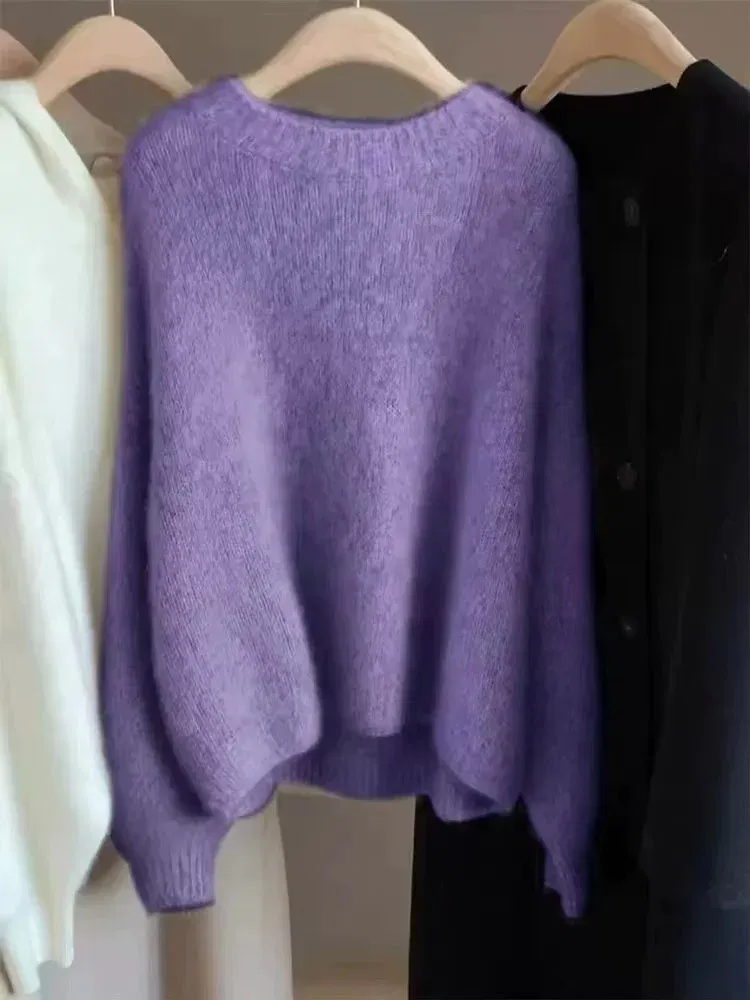 Color: WHITE, Size: S, Ships From: CHINA - Autumn and Winter New Cashmere Sweater 100% Pure Wool Knitted Pullover for Women, Loose and Lazy Style Round Neck Soft Solid Top