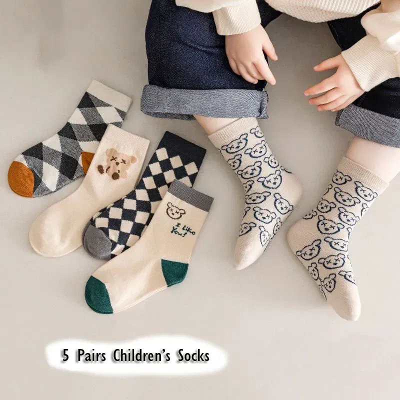 Color: SKY BLUE, Size: 10-12T - 1-14T Kids' Socks Spring Autumn Cotton Socks 5 Pairs/lot Soft Cotton Socks Calf Socks Little Big Boys Crew Sock