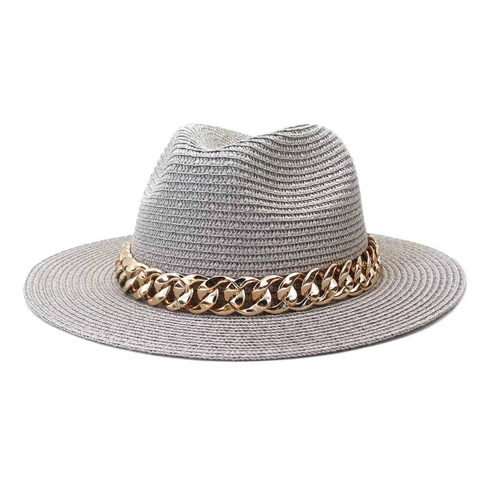 Color: GRAY, Size: M - Fashion Gold Chain Belt Panama Straw Hats For Women Summer Breathable Beach Sun Hats Elegant Ladies Party Jazz Hat