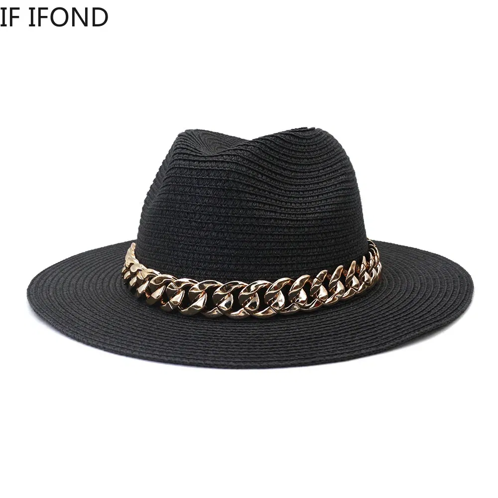 Color: GRAY, Size: M - Fashion Gold Chain Belt Panama Straw Hats For Women Summer Breathable Beach Sun Hats Elegant Ladies Party Jazz Hat