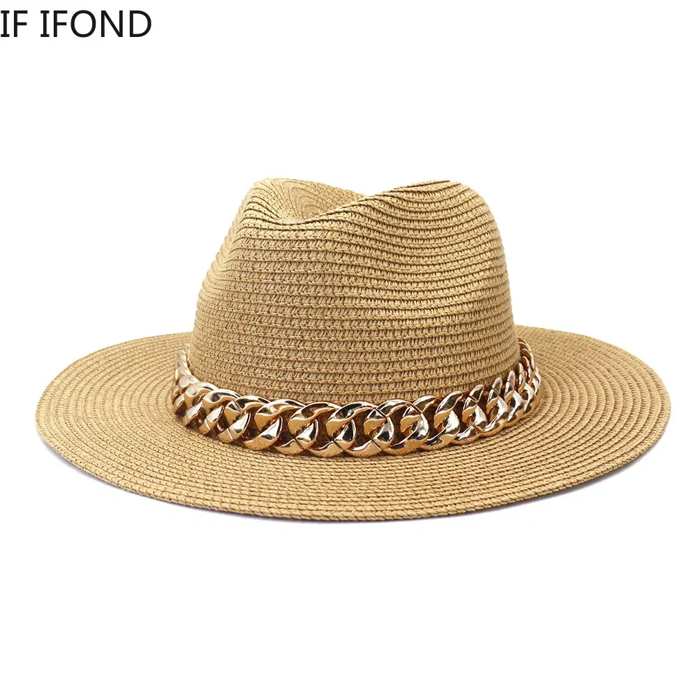 Color: GRAY, Size: M - Fashion Gold Chain Belt Panama Straw Hats For Women Summer Breathable Beach Sun Hats Elegant Ladies Party Jazz Hat