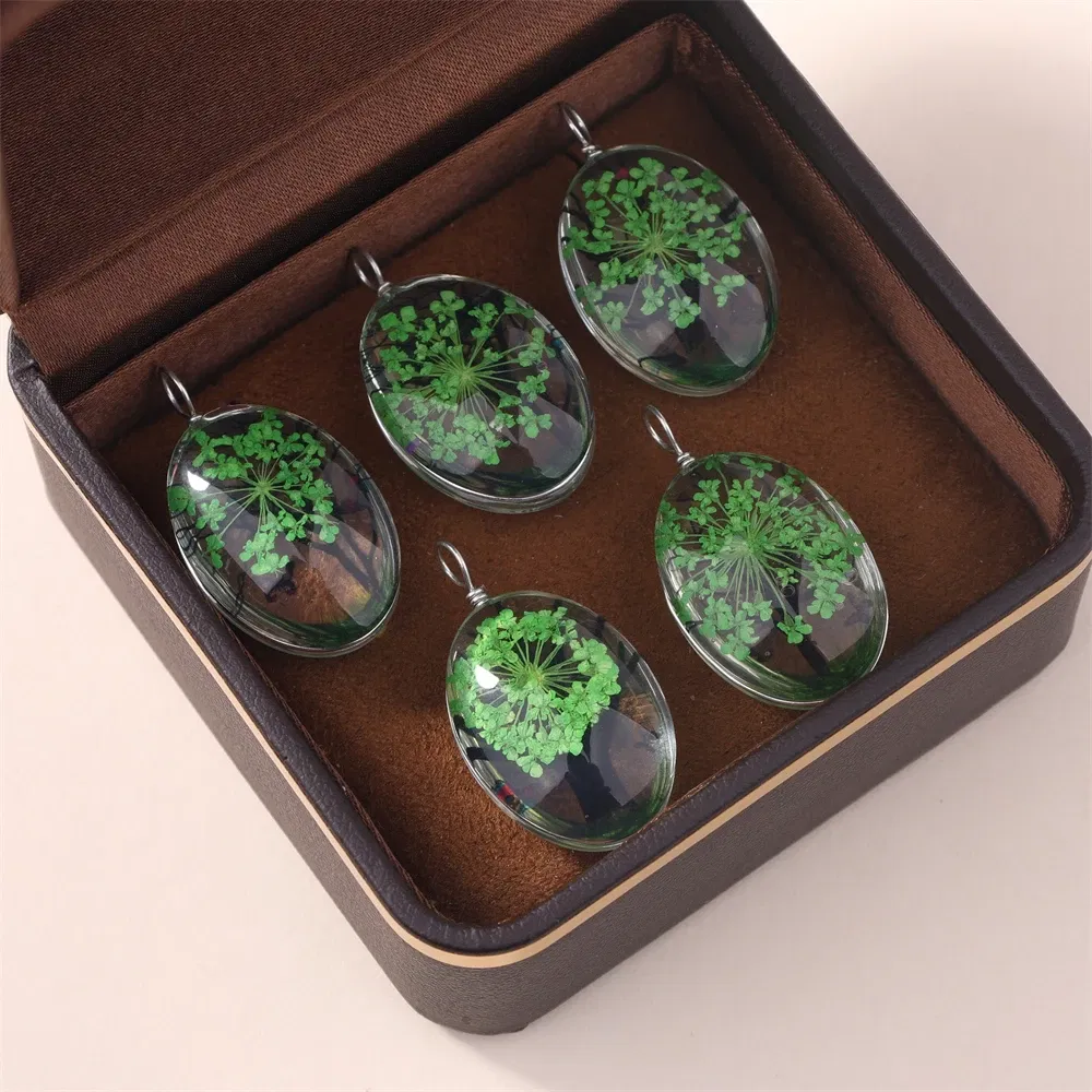 Metal color: BROWN - 5Pcs Time Gemstone Starry Dried Flower Pendant Round Dried Flower Glass Pendant DIY Necklace Pendant Jewelry Accessories