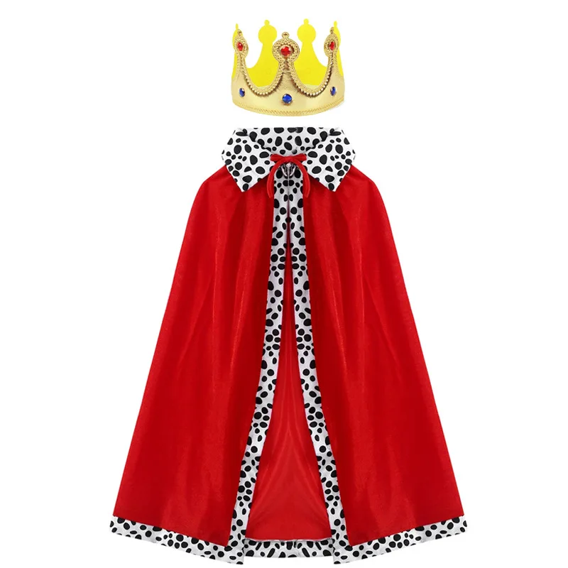 Color: Black, Size: S - Adult Kids King Emperor Cosplay Costume Red Pleuche Cloak Prince Robe Crown Children Birthday Party  Christmas Props Cape