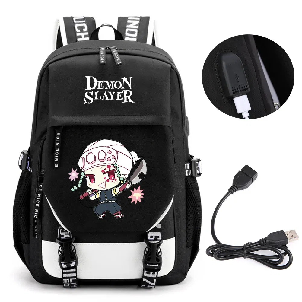 Color: Beige - Anime Demon Slayer Kamado Nezuko Backpack School Book Bags Mochila Travel USB Port Bag Laptop Boy Girls Gift