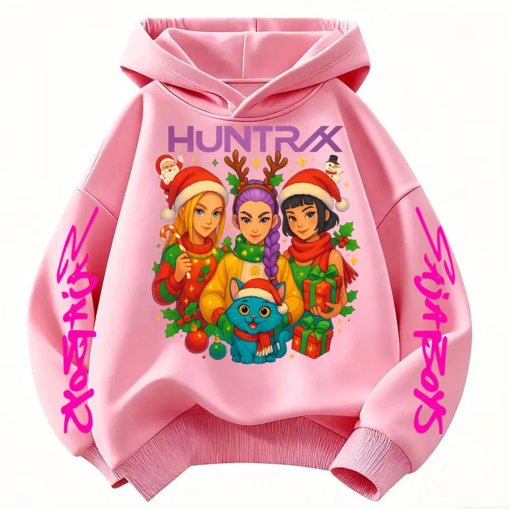 Color: GRAY, Kid Size: 4 - KPop Demon Hunters Christmas Hoodie Girls Fashion Casual Sweatshirt Movie Kids K-Pop Demon Hunters Hooded Tops