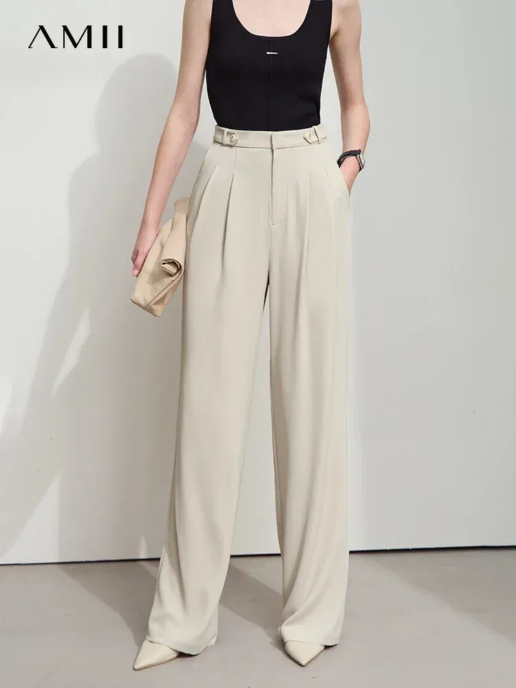 Amii Minimalist 2025 Spring New Women's Solid Versatile Drape Pleated Wide Leg Pants Casual Loose Commuter Suit Pants 12521041