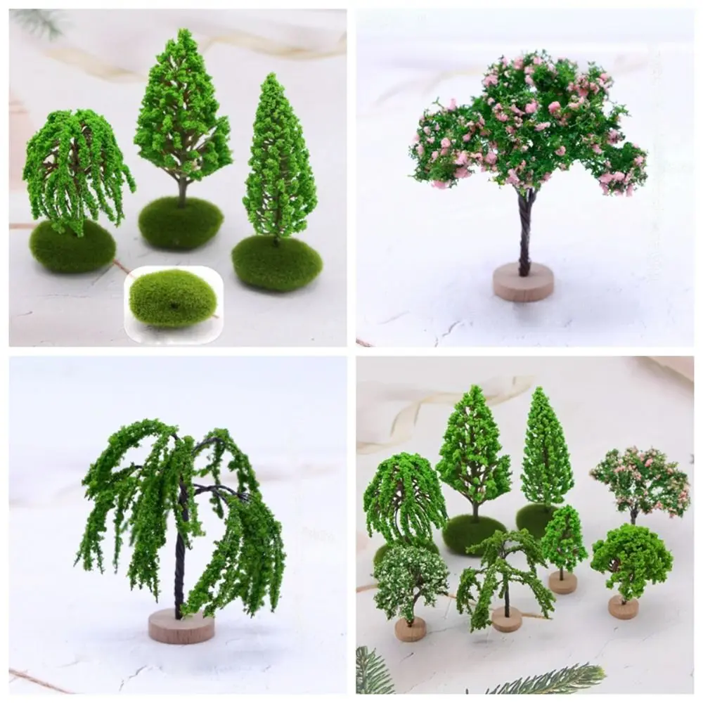 Color: plum - Artificial Moss Rocks/Wooden Base Model Trees Simulation Plastic Dollhouse Mini Tree Natural Green Bonsai Figurine