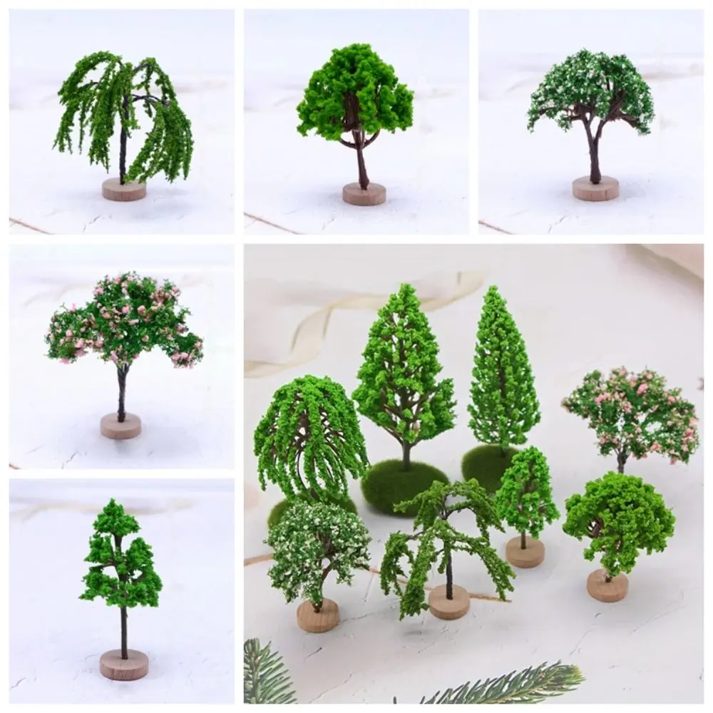 Color: plum - Artificial Moss Rocks/Wooden Base Model Trees Simulation Plastic Dollhouse Mini Tree Natural Green Bonsai Figurine
