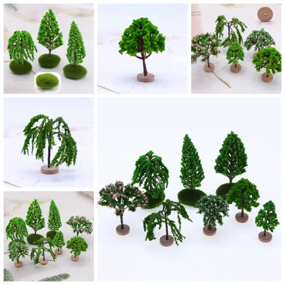 Color: plum - Artificial Moss Rocks/Wooden Base Model Trees Simulation Plastic Dollhouse Mini Tree Natural Green Bonsai Figurine