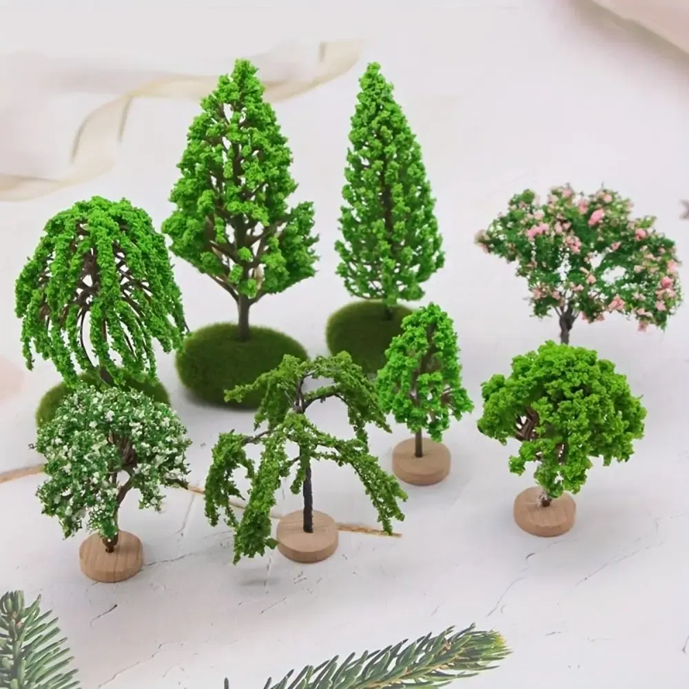 Color: plum - Artificial Moss Rocks/Wooden Base Model Trees Simulation Plastic Dollhouse Mini Tree Natural Green Bonsai Figurine