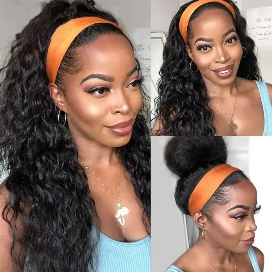 Stretched Length: 14inches, Density: 180% - Deep Wave Headband Wig Indian Human Hair Full Machine Made Wigs 200 Density For Women Easy Go Water Scarf Wigs 12-24 Inch Wig