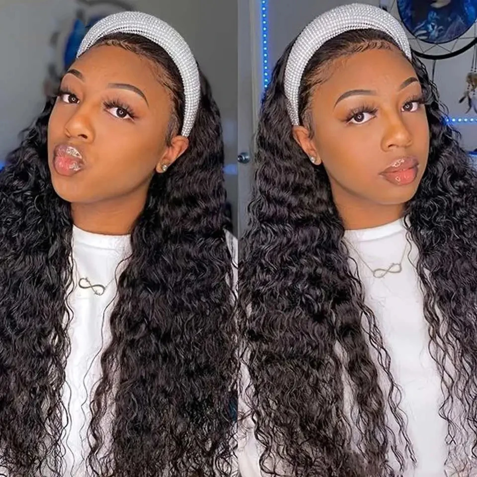 Stretched Length: 14inches, Density: 180% - Deep Wave Headband Wig Indian Human Hair Full Machine Made Wigs 200 Density For Women Easy Go Water Scarf Wigs 12-24 Inch Wig