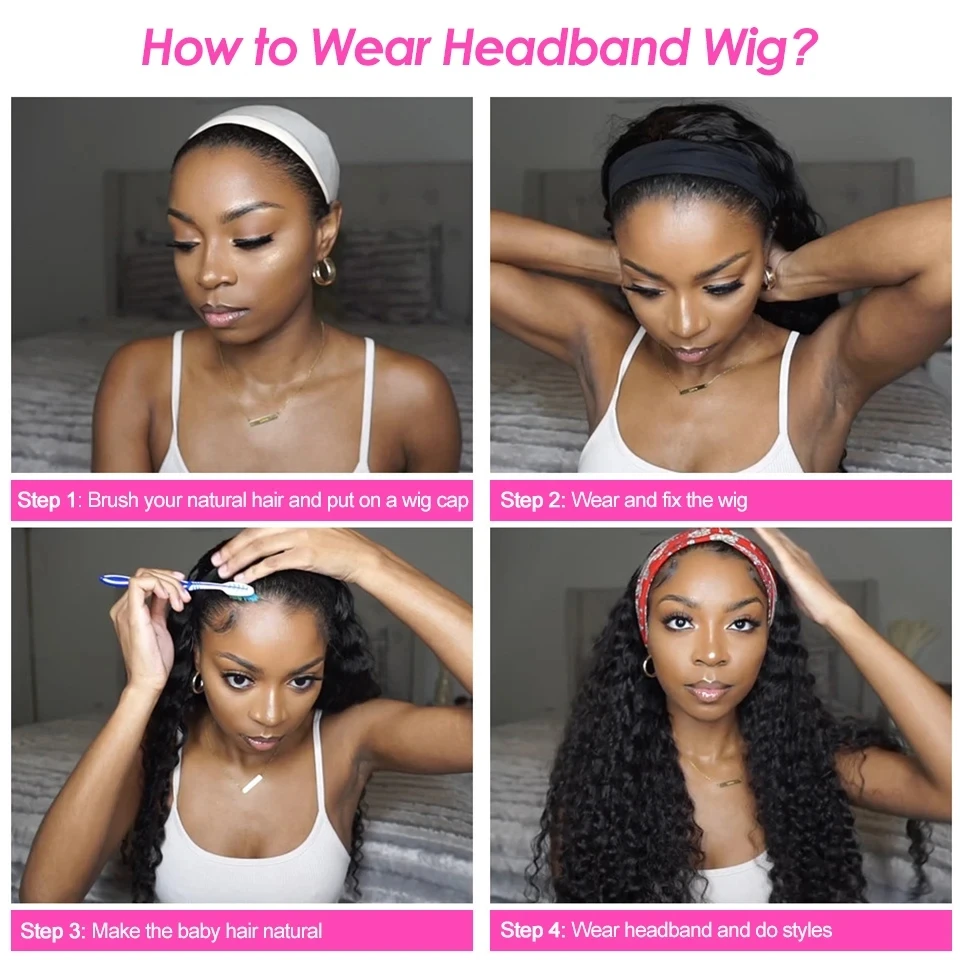 Stretched Length: 14inches, Density: 180% - Deep Wave Headband Wig Indian Human Hair Full Machine Made Wigs 200 Density For Women Easy Go Water Scarf Wigs 12-24 Inch Wig