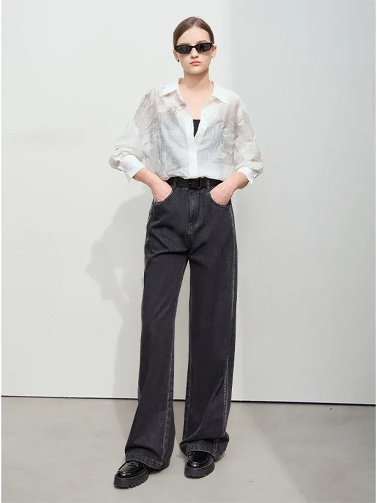 AMII Minimalist Printed Shirt Women 2025 Spring New Luxury Thin Lycra Loose Mid-Length Lapel Single Breasted Outwear 12541024