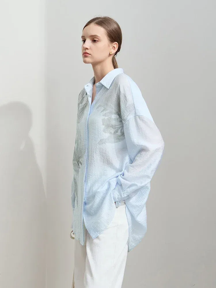 AMII Minimalist Printed Shirt Women 2025 Spring New Luxury Thin Lycra Loose Mid-Length Lapel Single Breasted Outwear 12541024