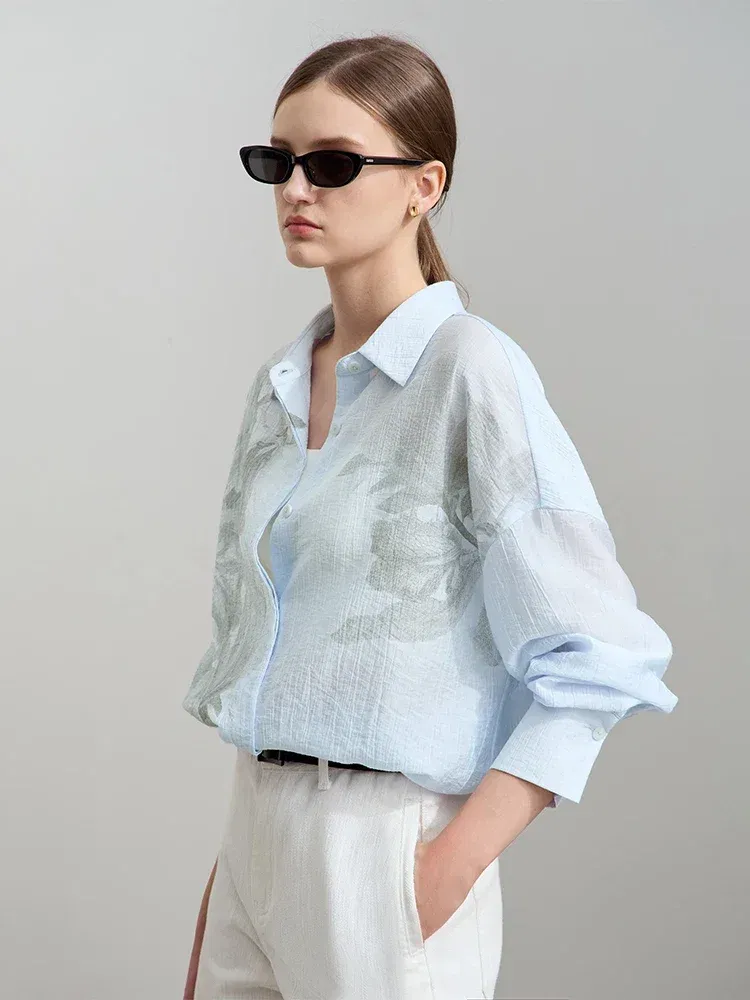 AMII Minimalist Printed Shirt Women 2025 Spring New Luxury Thin Lycra Loose Mid-Length Lapel Single Breasted Outwear 12541024