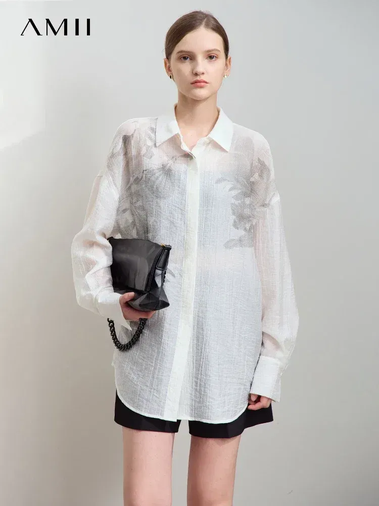 AMII Minimalist Printed Shirt Women 2025 Spring New Luxury Thin Lycra Loose Mid-Length Lapel Single Breasted Outwear 12541024