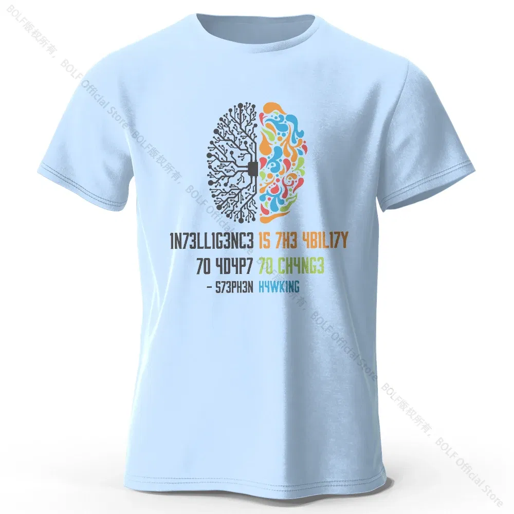 Color: SKY BLUE, Size: L - Funny Brain Power Printed 100% Cotton T-Shirt, Soft & Breathable Round Neck Short Sleeve Tee, Unisex Quirky Style
