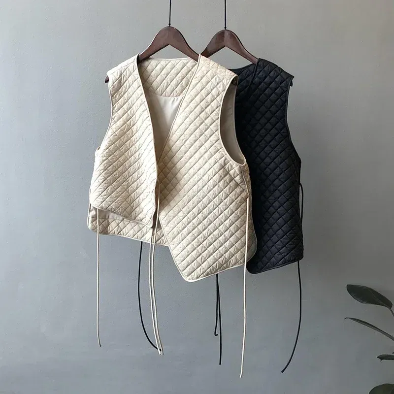 Color: Beige, Size: L - Women Clothes Fashion Casual Diamond Check Cotton Vest 2024 Winter New Girl Temperament Korean style Loose Casual Padded Vest