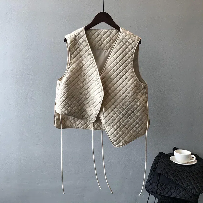 Color: Beige, Size: L - Women Clothes Fashion Casual Diamond Check Cotton Vest 2024 Winter New Girl Temperament Korean style Loose Casual Padded Vest