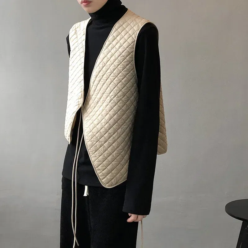Color: Beige, Size: L - Women Clothes Fashion Casual Diamond Check Cotton Vest 2024 Winter New Girl Temperament Korean style Loose Casual Padded Vest